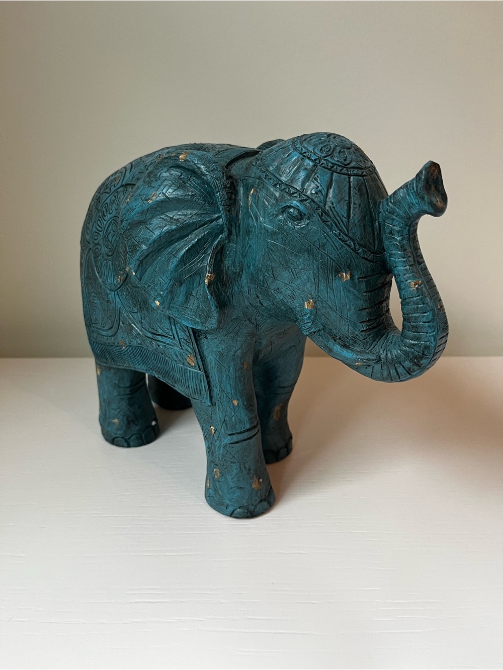 Teal Carved Elephant Statue — Decorative Home Art